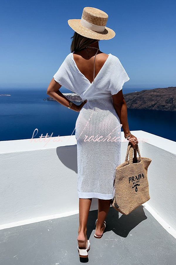 Knit Beach Cover Up Dress | Batwing Sleeve Calf Length