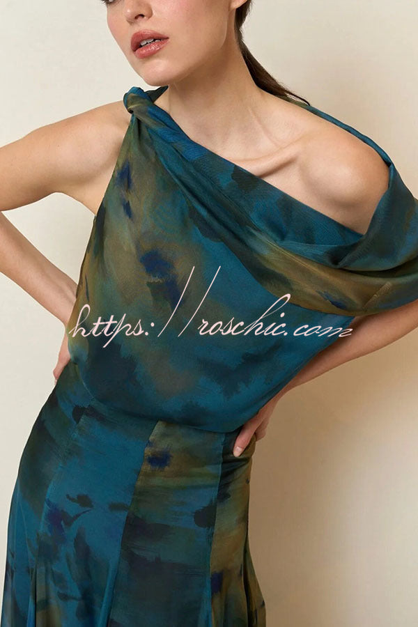 Chiffon Ombré Print Cowl Neck Top & High-Rise Maxi Skirt Set