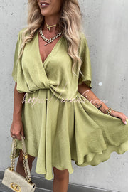 Batwing Sleeve Satin Mini Dress – Loose Fit V-Neck