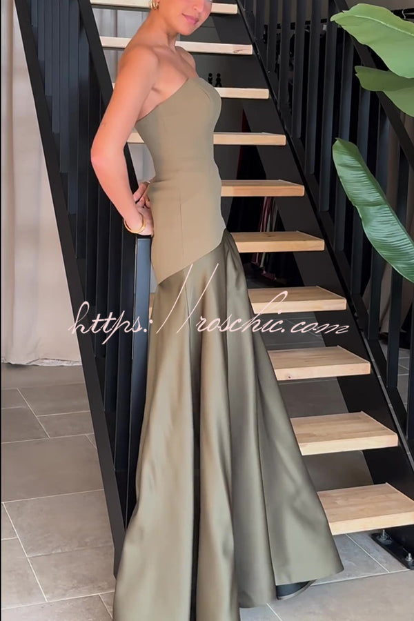 Satin Strapless Flare Maxi Dress – Patchwork Gown