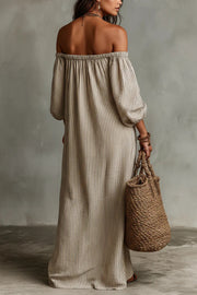 Linen Blend Off-Shoulder Maxi Dress – Striped Loose Fit