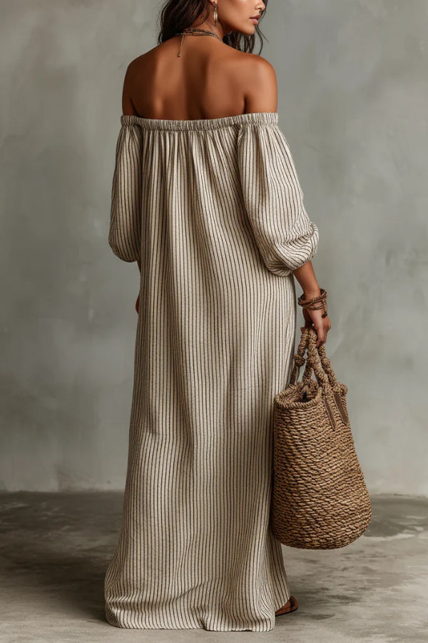Linen Blend Off-Shoulder Maxi Dress – Striped Loose Fit