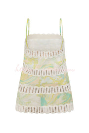 Printed Crochet Trim Camisole and Wide-Leg Pants Set