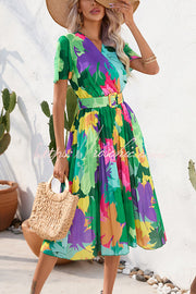 Contrast Floral Print Belted Pleated Midi Dress
