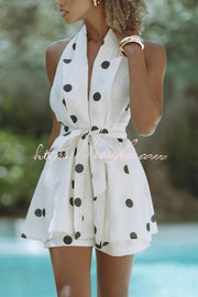 Linen Blend Polka Dot Halter Vest & Shorts Set with Belt
