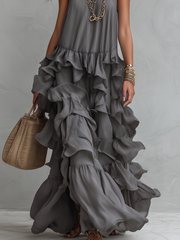 Grey Layered Ruffle Long Dress for Evening & Formal Wear