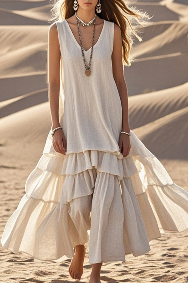 Linen Blend Midi Dress | Sleeveless V-Neck Loose Fit