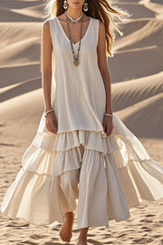 Linen Blend Midi Dress | Sleeveless V-Neck Loose Fit