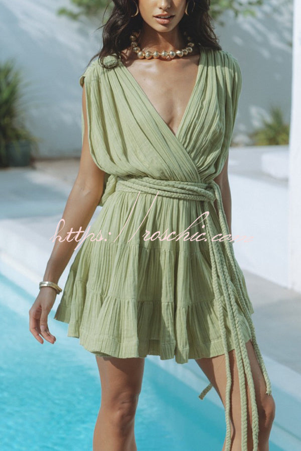 Linen Blend Draped Mini Dress with Braided Belt Detail