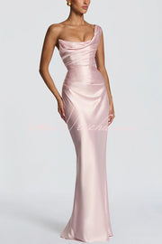 Satin One-Shoulder Pleated Maxi Dress for Party Wear