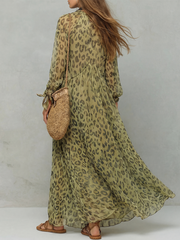 Olive Green Leopard Print Chiffon Bohemian Dress