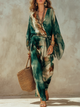 Green Tie-Dye Batwing Sleeve Top and Wide-Leg Pants Set