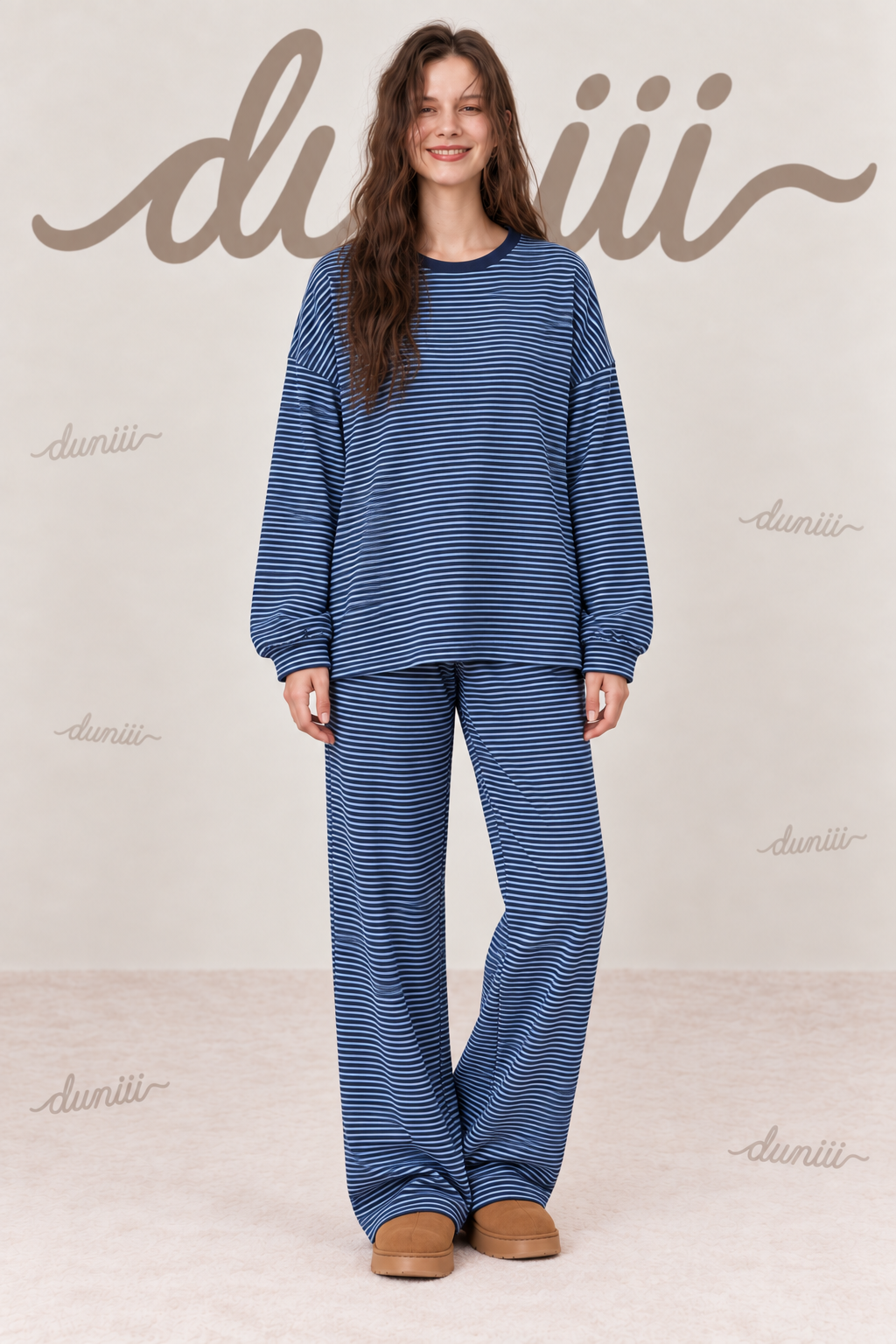 Duniii Striped Cotton Long Sleeve Lounge Set