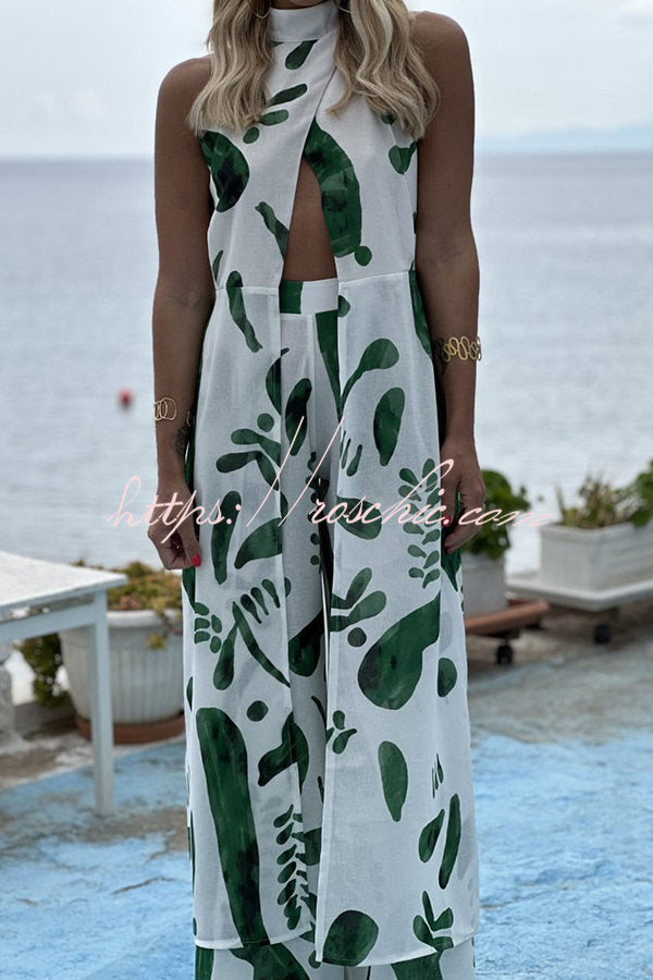 Doodle Print Sleeveless Midi Top & Pants Set – Loose Fit