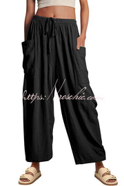 Linen Blend Drawstring Pants with Pockets – Loose Fit