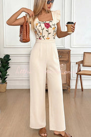Floral Embroidered Ruffle Trim Sleeveless Jumpsuit