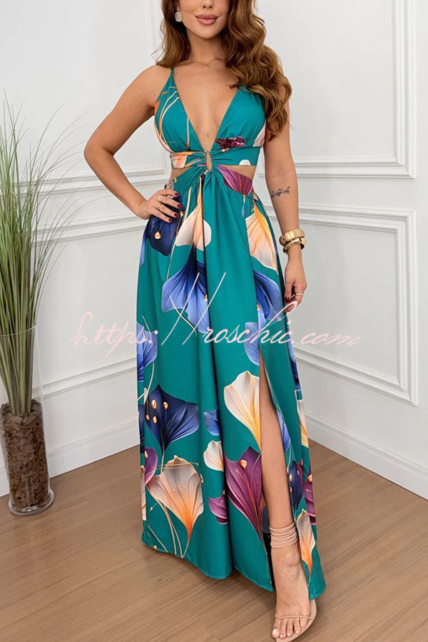 Floral Print Cutout Waist Open Back Lace-Up Slit Maxi Dress