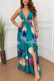 Floral Print Cutout Waist Open Back Lace-Up Slit Maxi Dress
