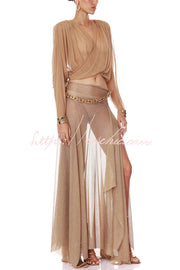 Metallic Knit Long Sleeve Crop Top and Maxi Skirt Set