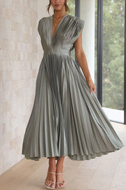 Satin Pleated Midi Dress – V-Neck Short Sleeve Party Dress