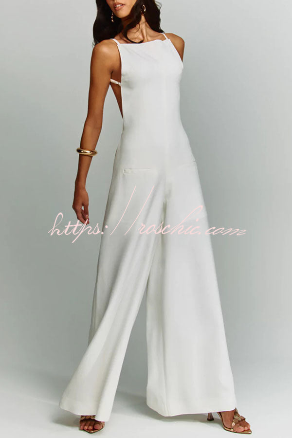 Linen Blend Wide Leg Jumpsuit with Square Neck & Pockets