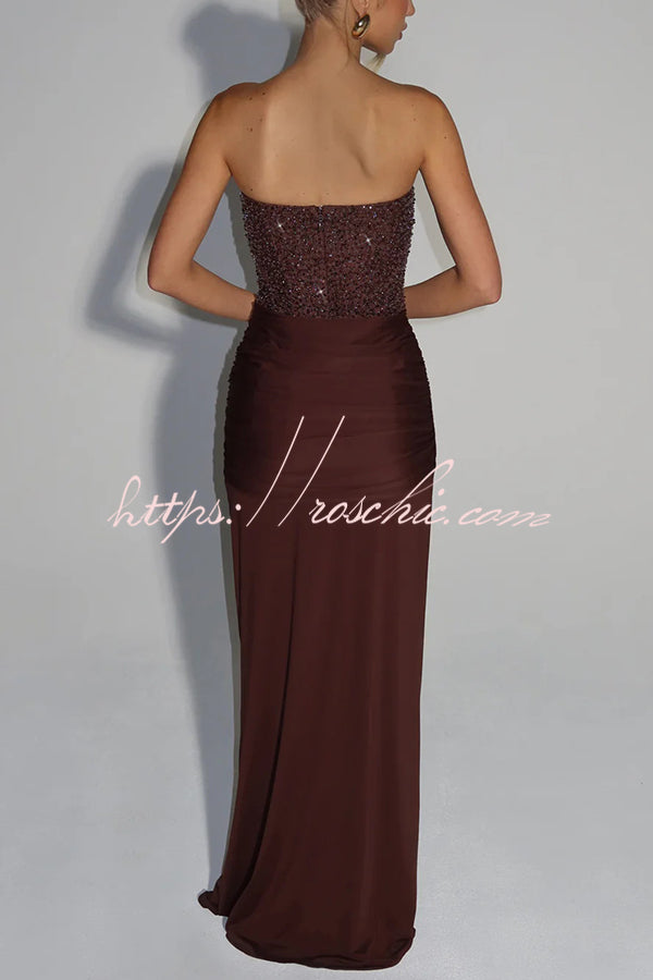 Sequined Satin Jersey Off-Shoulder Ruched Maxi Dress