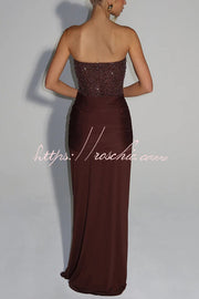Sequined Satin Jersey Off-Shoulder Ruched Maxi Dress