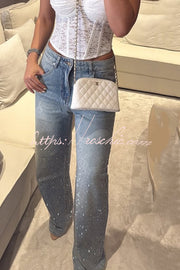 Jean droit ample taille haute en strass avec poches