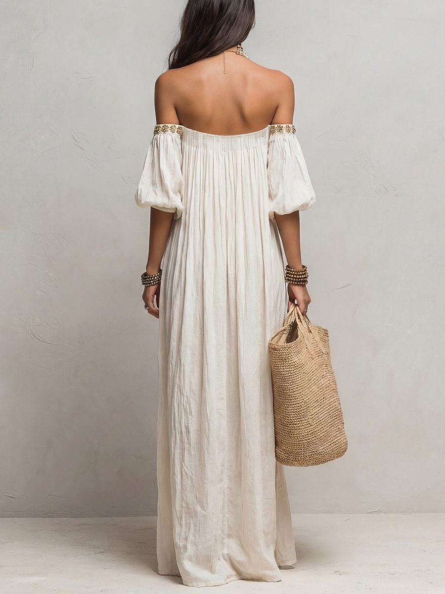 Ivory Off-the-Shoulder Pleated Maxi Dress – Boho Style