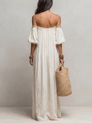 Ivory Off-the-Shoulder Pleated Maxi Dress – Boho Style