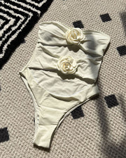 Strapless Floral Appliqué One-Piece Swimsuit with Cutout