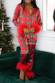 Christmas Printed Feather Trim Pajama Set with Pockets