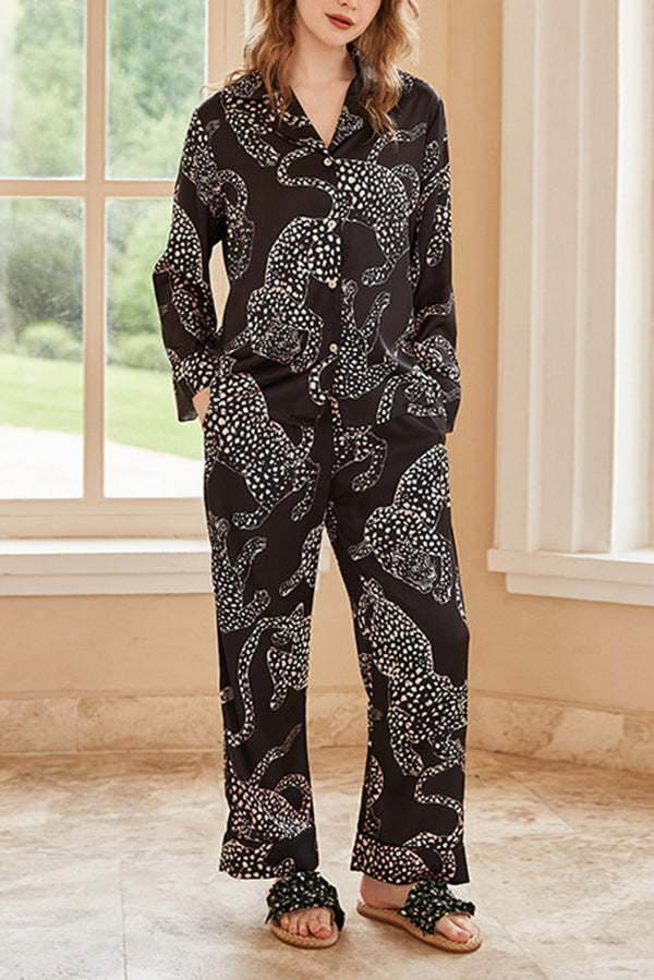 Black Jaguar Print Long Sleeve Two-Piece Lounge Set