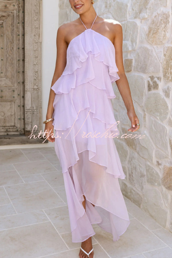 Chiffon Halter Neck Ruffle Maxi Dress – Loose Fit