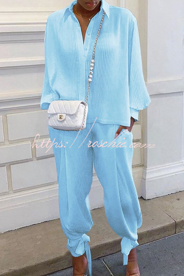 Cotton Blend Shirt Collar Top and Pant Set – Loose Fit