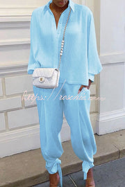 Cotton Blend Shirt Collar Top and Pant Set – Loose Fit