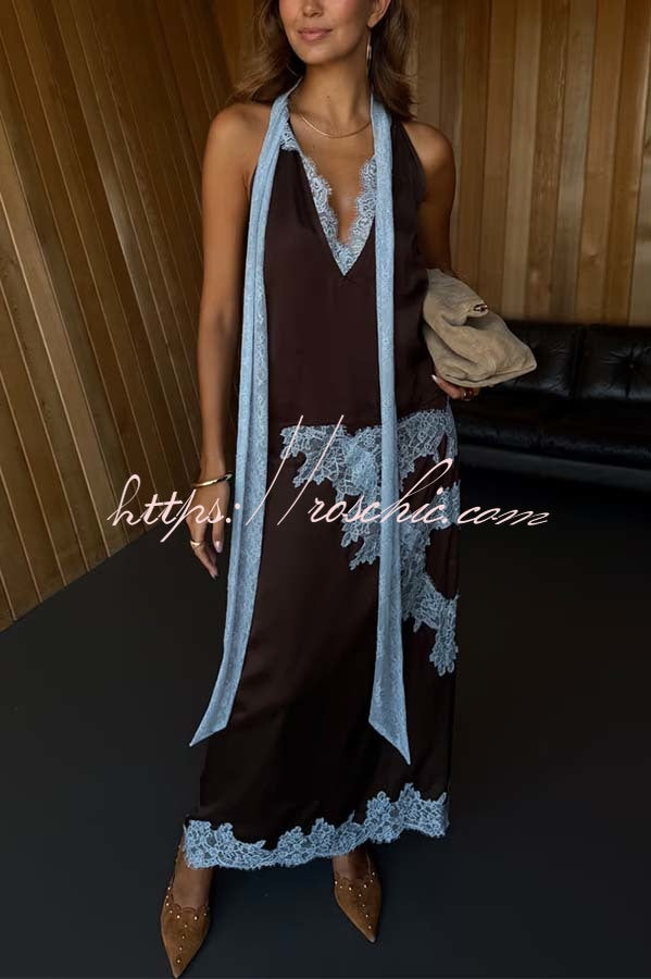 Chocolate Brown Satin Lace Trim Mid Rise Maxi Skirt