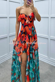 Gradient Print Strapless Maxi Dress with Layered Ruffles