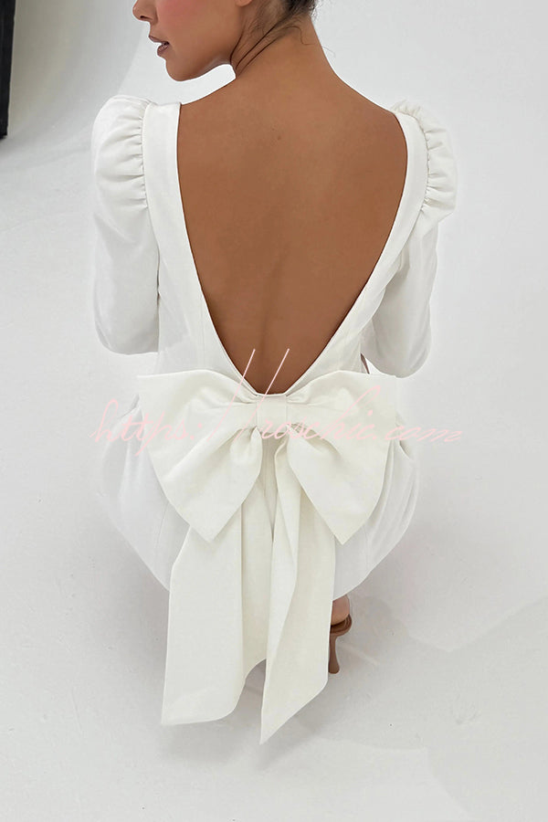 Puff Shoulder Mini Dress with Bow Back & Long Sleeves