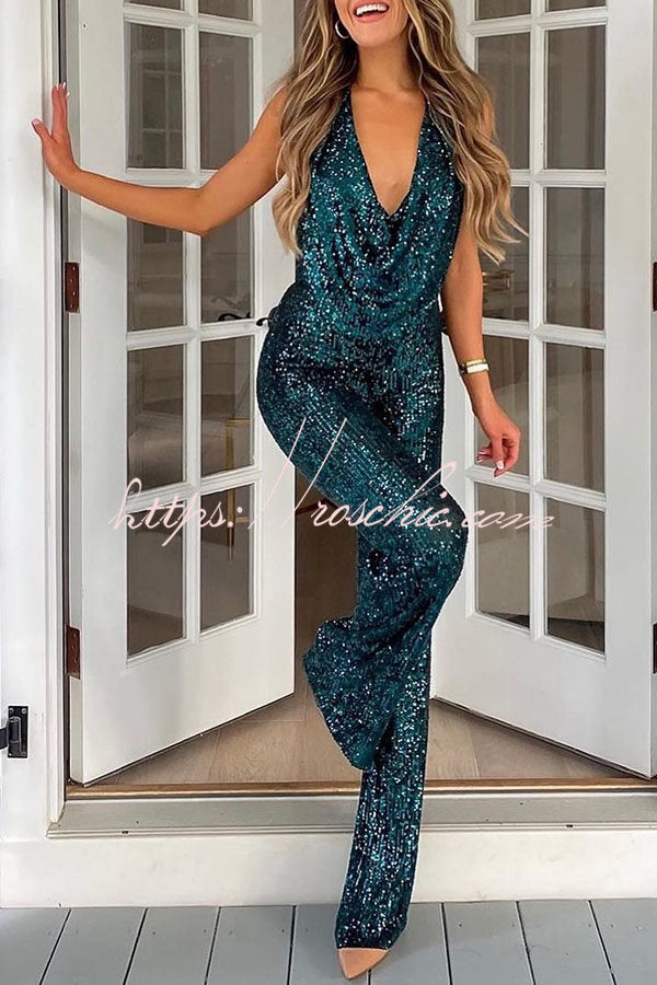 Combinaison à jambes larges et dos nu à sequins – Tenue de soirée