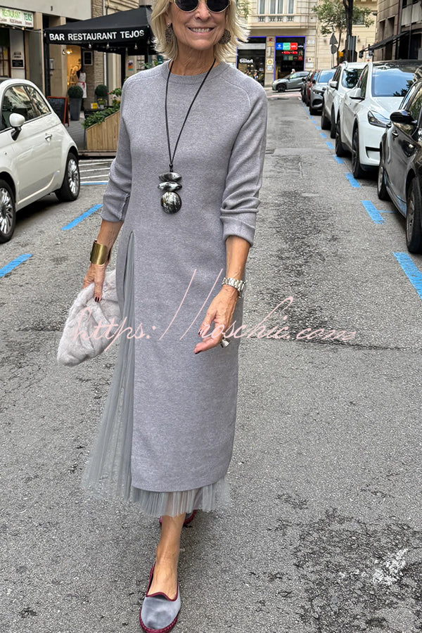 Knit & Tulle Two-Piece Midi Dress Set with Long Sleeve Top