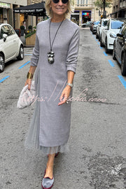 Knit & Tulle Two-Piece Midi Dress Set with Long Sleeve Top