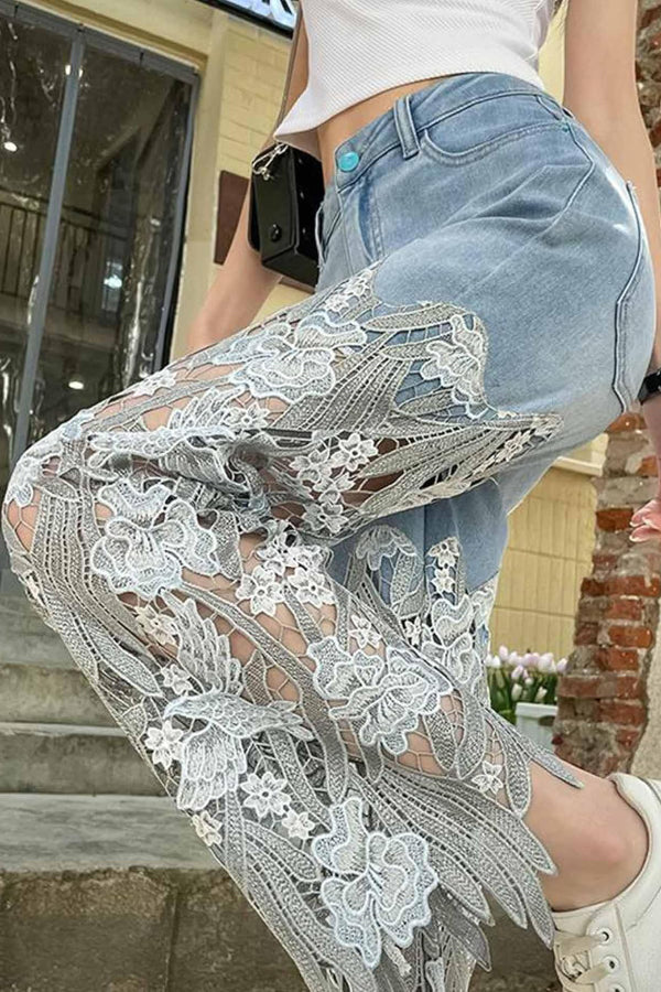 Lace Openwork Straight-Leg Jeans with Pockets