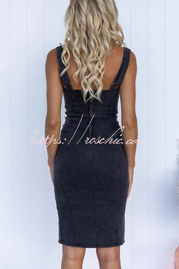 Denim Midi Dress with Adjustable Straps & Zip-Up Front