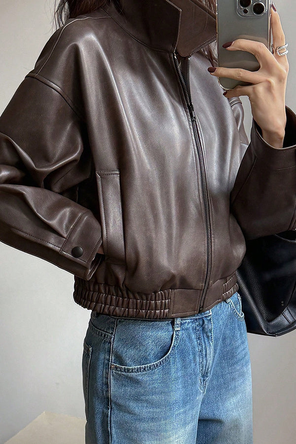 Women's Faux Leather Jacket with Lapel & Pockets
