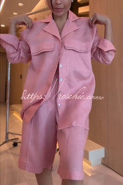 Linen Blend Long Sleeve Shirt & Shorts Set with Pockets