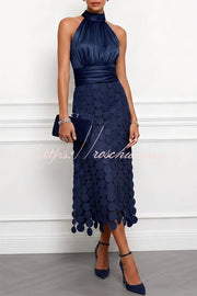 Satin Ruched Halter Midi Dress with Polka Dot Hem