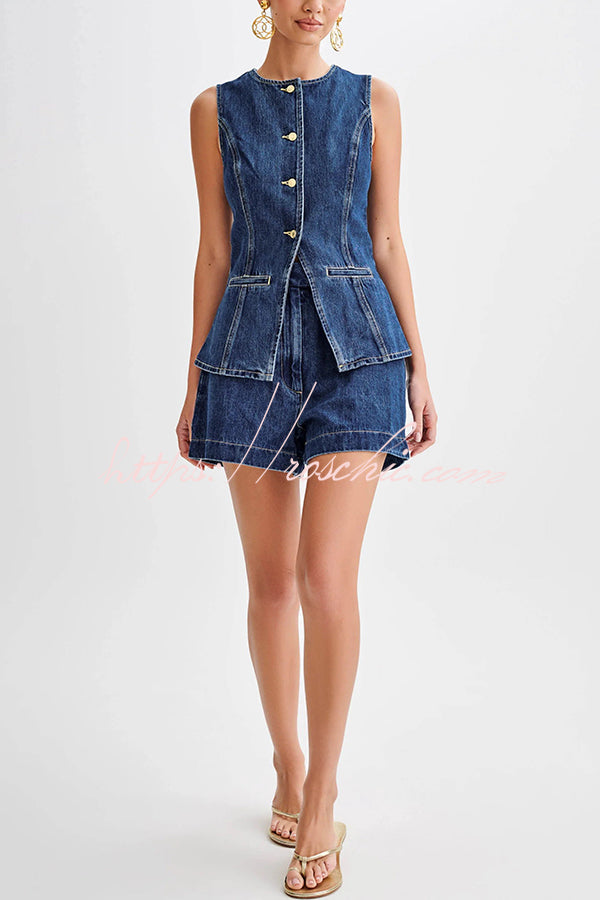 High Waist Relaxed Fit Denim Shorts with Button Fly