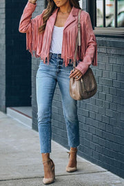 Cropped Faux Suede Jacket with Fringe Detail