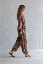 Champagne Satin Kaftan Jumpsuit With Batwing Sleeves